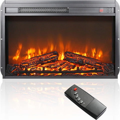 26 Inch Electric Fireplace Insert Heater with Remote Control, Timer, Adjustable Flame Brightness, Digital Display and Log Set