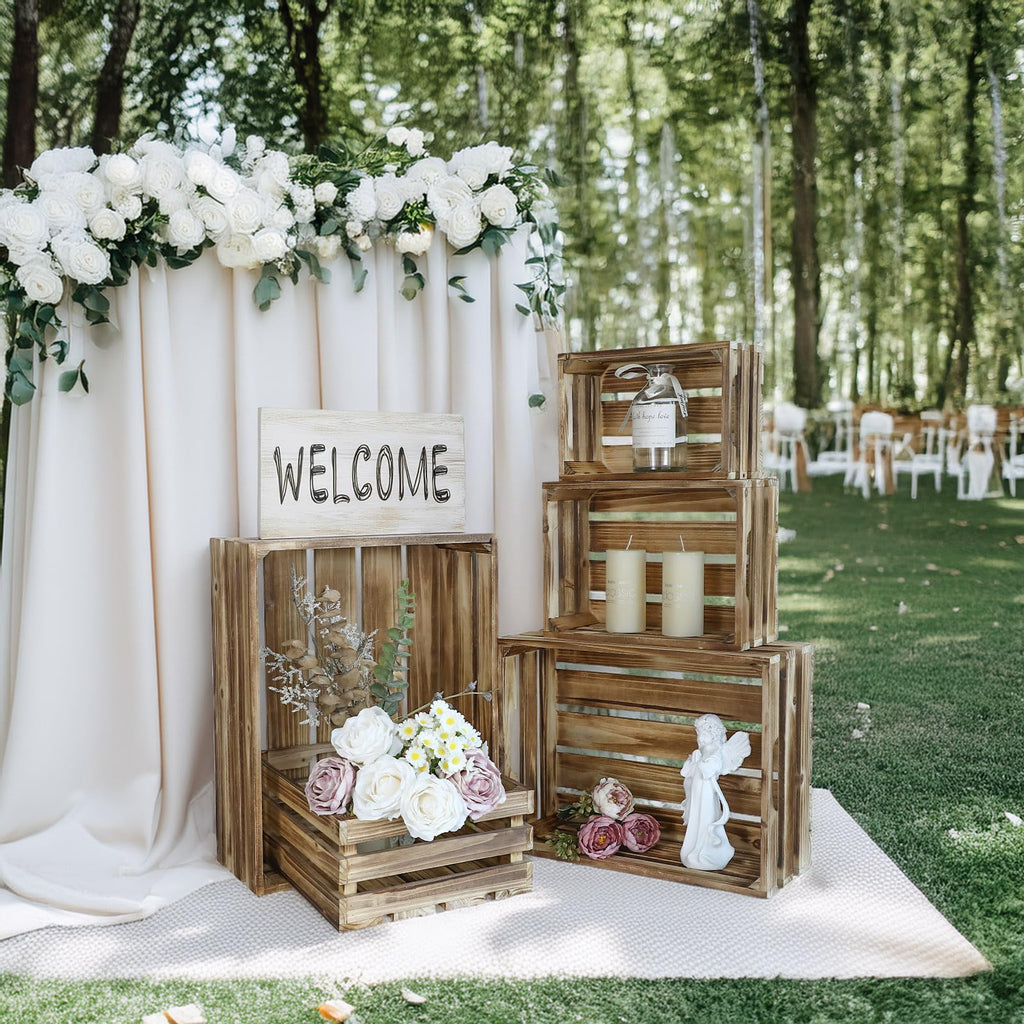 5-Piece Rustic Burnt Brown Wooden Crates Set, Wall Mountable Slatted Storage Crates with Handles, Farmhouse Wooden