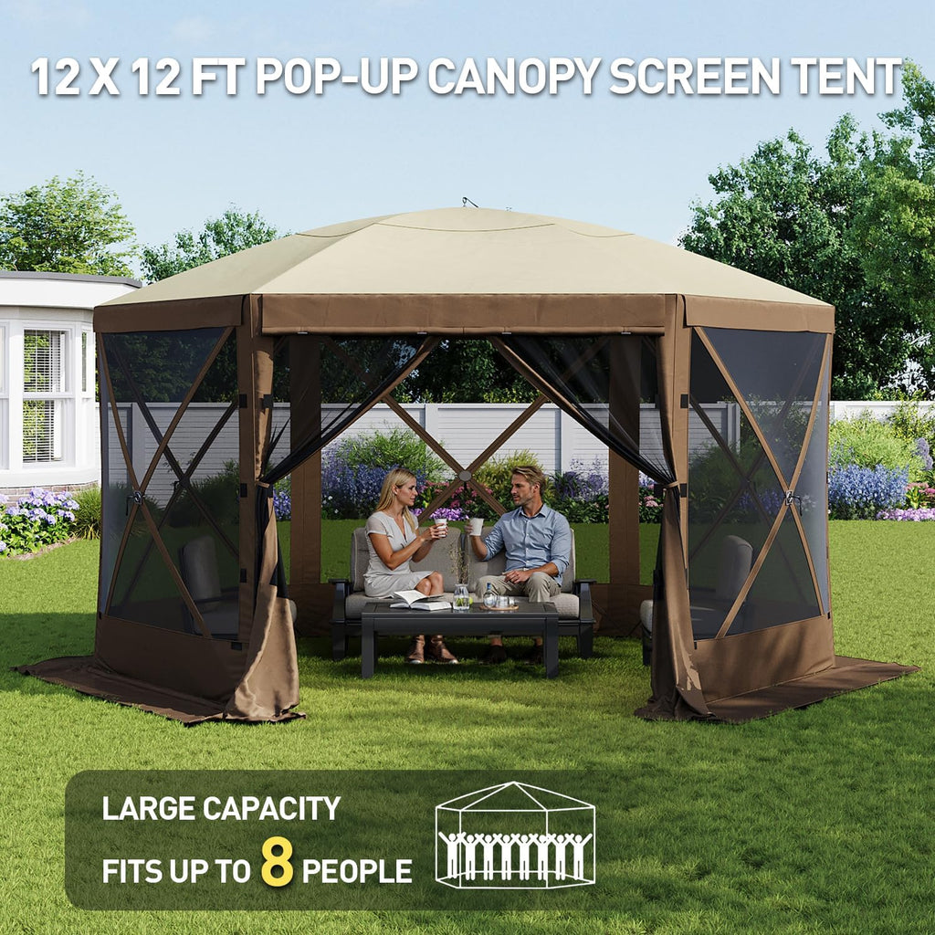 12x12FT Pop Up Canopy Tent, 6-Sided Pop-up Gazebo Screen Tent with Mesh Windows