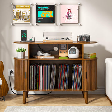 Large Round Record Player Stand with Charging Station & USB Ports (Brown)