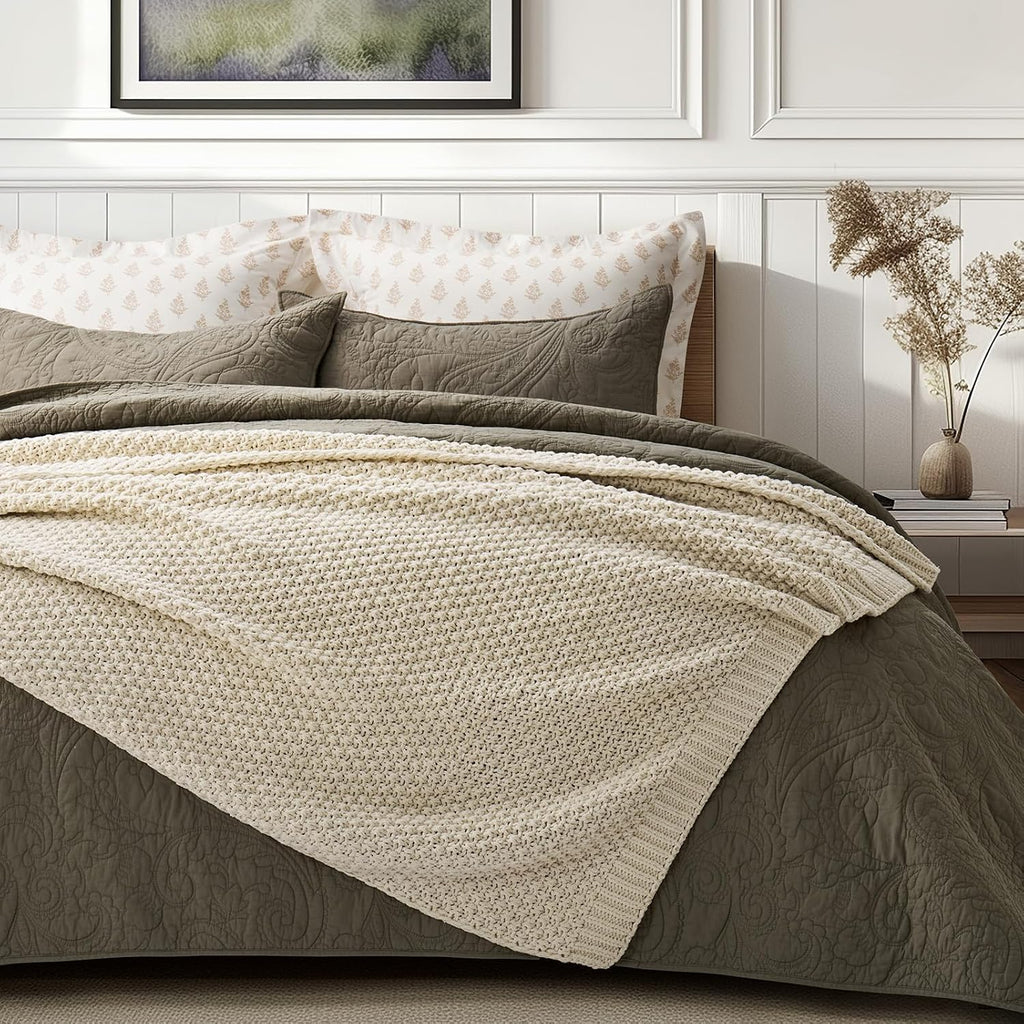 Chunky Chenille Knit Throw Blanket, Soft Luxurious Moss Stitch Blankets, Cozy Decorative Farmhouse Knitted Throws