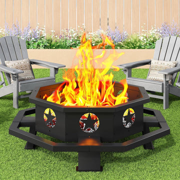 43 Inch Fire Pit for Outside Wood Burning, Outdoor Octagonal Fire Pit with Poker, Large Firepit for Camping, Backyard