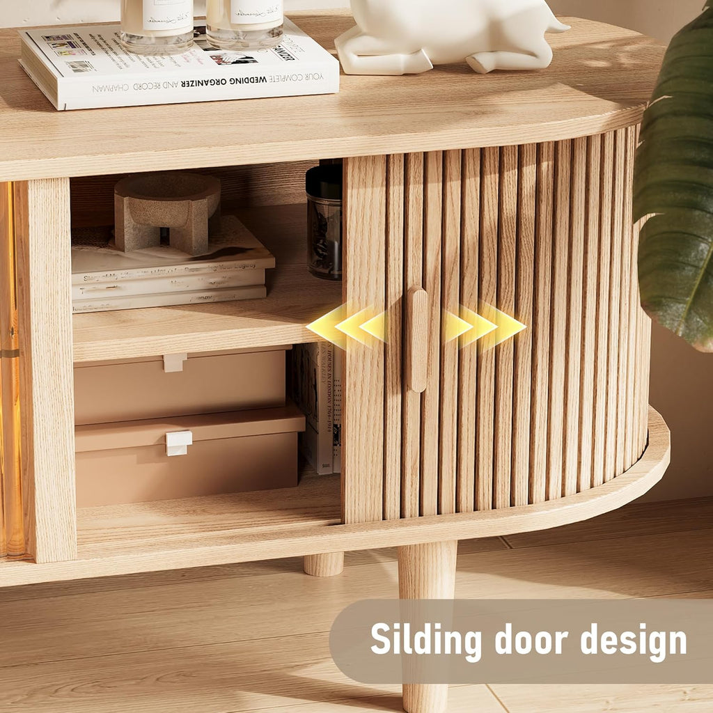 70" Fluted TV Stand with LED Lights for TVs up to 75 Inch, Mid Century Modern Entertainment Center with Sliding Doors