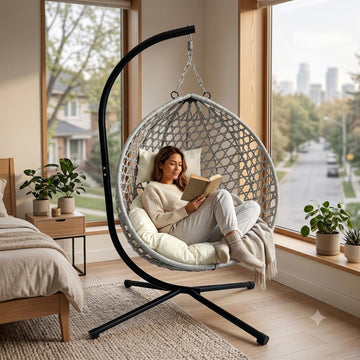 Foldable Hanging Egg Chair with Stand, Outdoor Patio Indoor Swing Chair with Cloud Cushion, Anti-Rust Heavy Duty