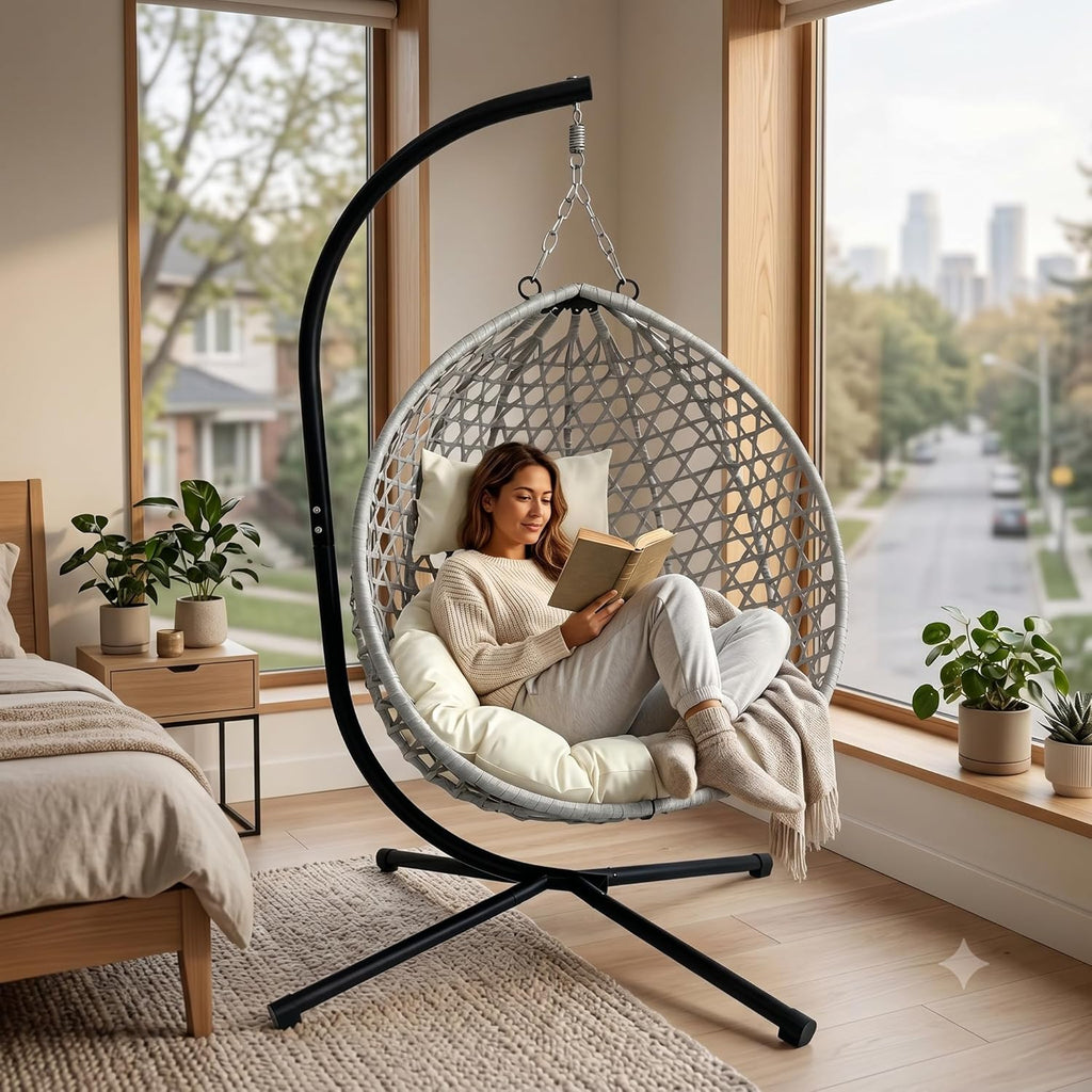 Outdoor Hanging Egg Chair with Stand Patio Egg Swing Chair Rattan Wicker Hammock with Stand for Outside/Indoor, Heavy