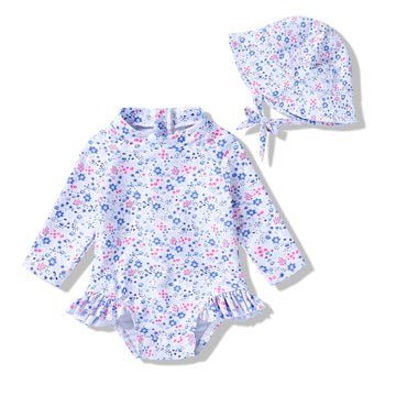Infant Baby Girl Swimsuit One-Piece Long Sleeve Rash Guard with Hat Set Floral Zipper Bathing Suit Leopard Beach Wear