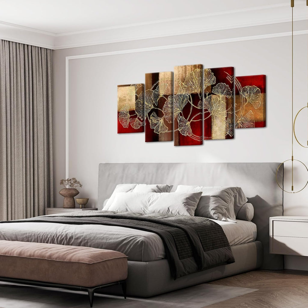 Large 5 Piece Abstract Canvas Wall Art Gold Ginkgo Leaf Paintings Prints Modern Burgundy and Brown Home Living Room