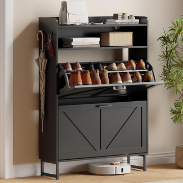 Shoe Cabinet with 2 Flip Drawers, Freestanding Hidden Shoe Storage Organizer , Narrow Slim Shoe Rack Cabinet with