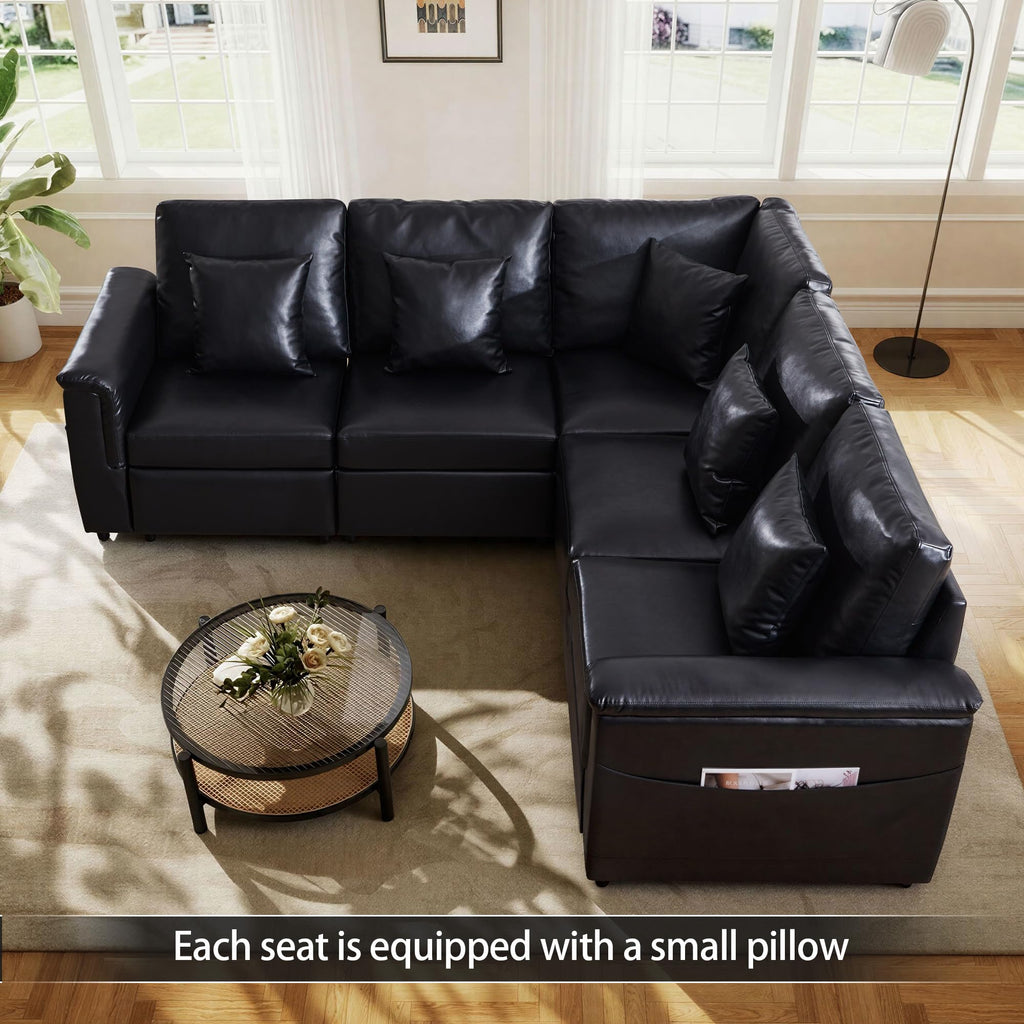 Faux Leather Sectional Sofa, Oversized L Shaped Modular Cloud Couch with Pillows, Modern 6 Seater Leather Couch