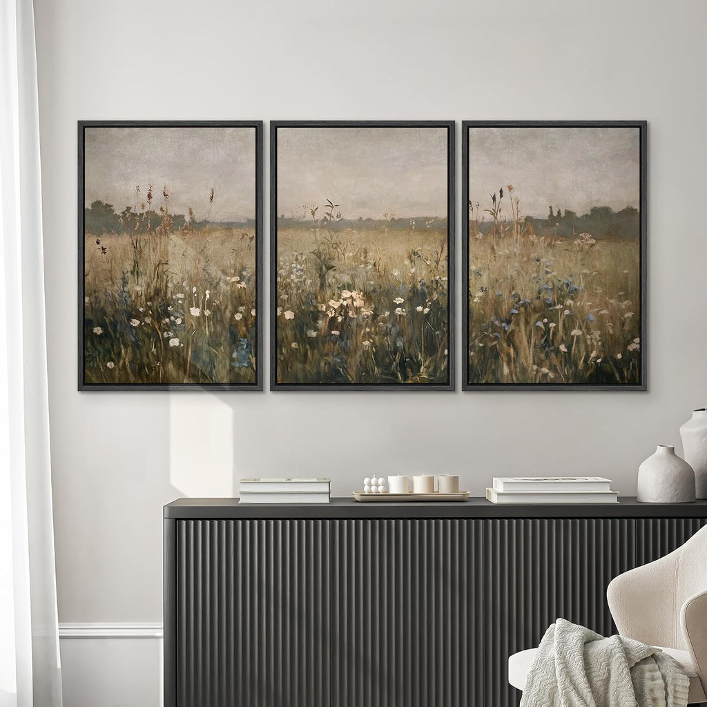 Framed Canvas Print Wall Art Set Wildflower Meadow Rustic Floral Field Landscape Illustrations Modern Art Decorative