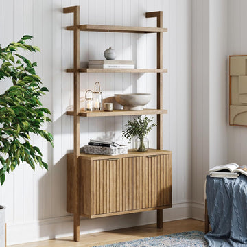 Jasper 3-Shelf Solid Wood Boho Bookshelf, Wall Mounted Bookshelf with Cabinet with Fluted Doors, Light Brown