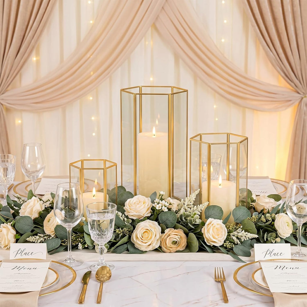 Glass Hurricane Candle Holder, Set of 3 Large Clear Hexagon Lanterns Pillar Candle Lantern with Gold Metal Frame