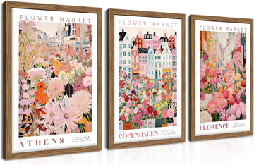 Floral Wall Art Set of 3, Colorful Flower Market Canvas Wall Decor Paintings, Pink Wildflower Botanical Posters