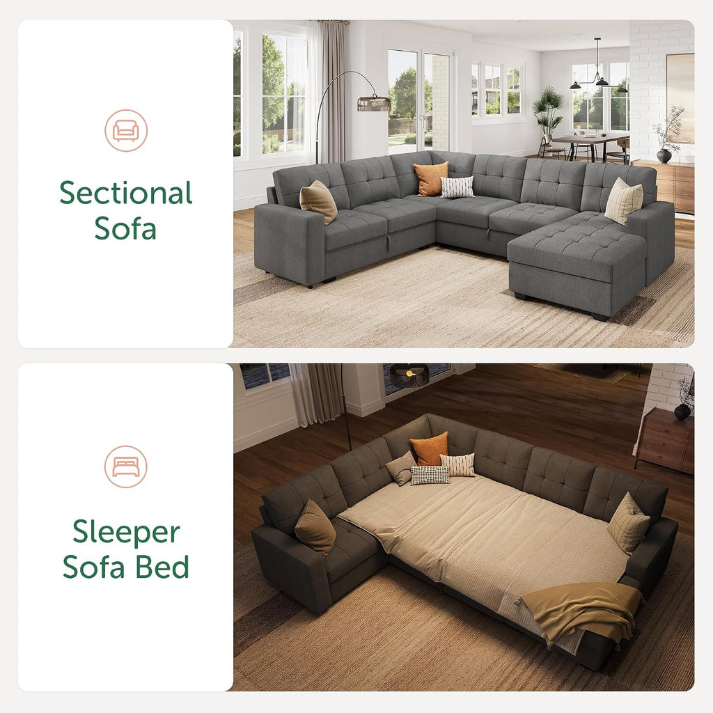 Sleeper Sofa Bed with Storage Chaise, Sectional Couch with Pull Out Bed, U Shaped Sectional Sleeper Sofa Couch, Grey