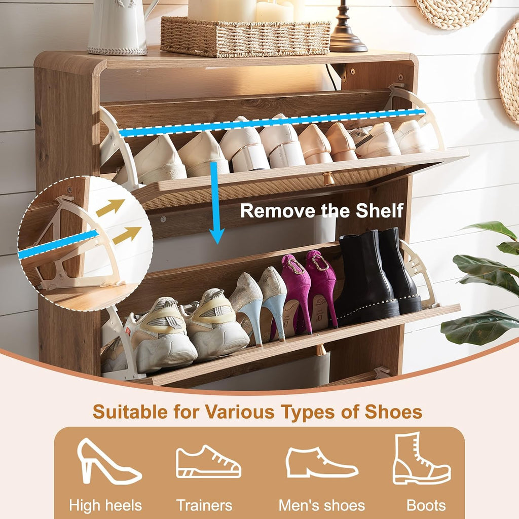 Rattan Shoe Cabinet with 2 Flip Drawers, 16 Pairs Narrow Shoe Storage Cabinet Freestanding Hidden Shoe Rack, Modern