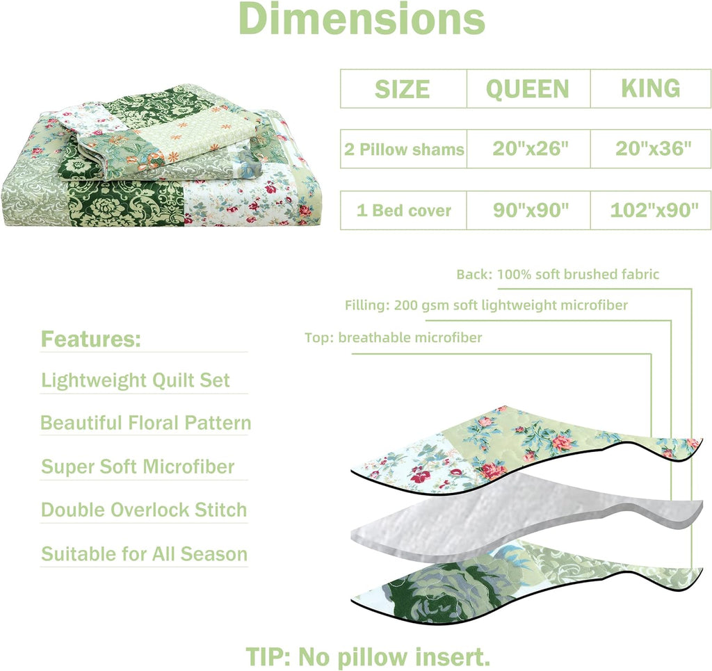 Summer Floral Quilted Bedspread,Romantic Green Quilt Set,Reversible Stitched Bedding Cover All Season,Soft