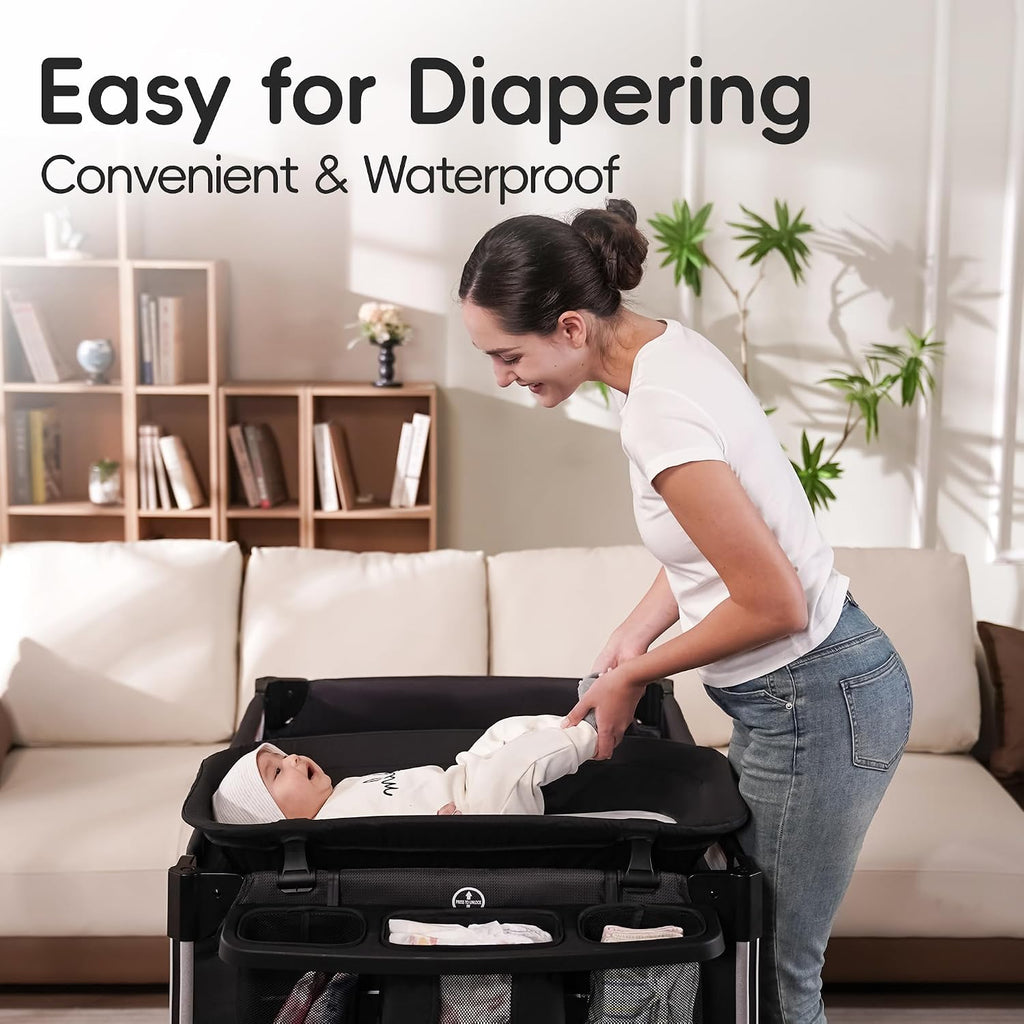 4 in 1 Baby Playards with Bassinet & Changing Table, Portable Crib Breathable Mesh and Toy Mobile