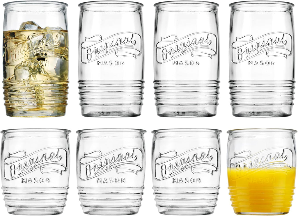 Original Mason Set of 8 Drinking Glasses 4-20 Oz Highball Glasses, and 4-13 Oz Whiskey Glass Cups For Everyday Home