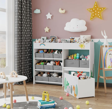 Kids Bookshelf, Toy Storage Organizer with Movable Toy Chest | Toddler Montessori Bookshelf with 10 Fabric Bins
