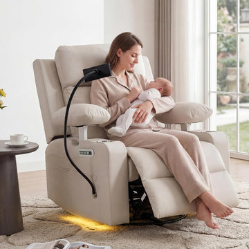 Rocking Chair Nursery with Adjustable Armrests,Power Recliner Chair, Beige | Glider Rocker with Adjustable Headrest