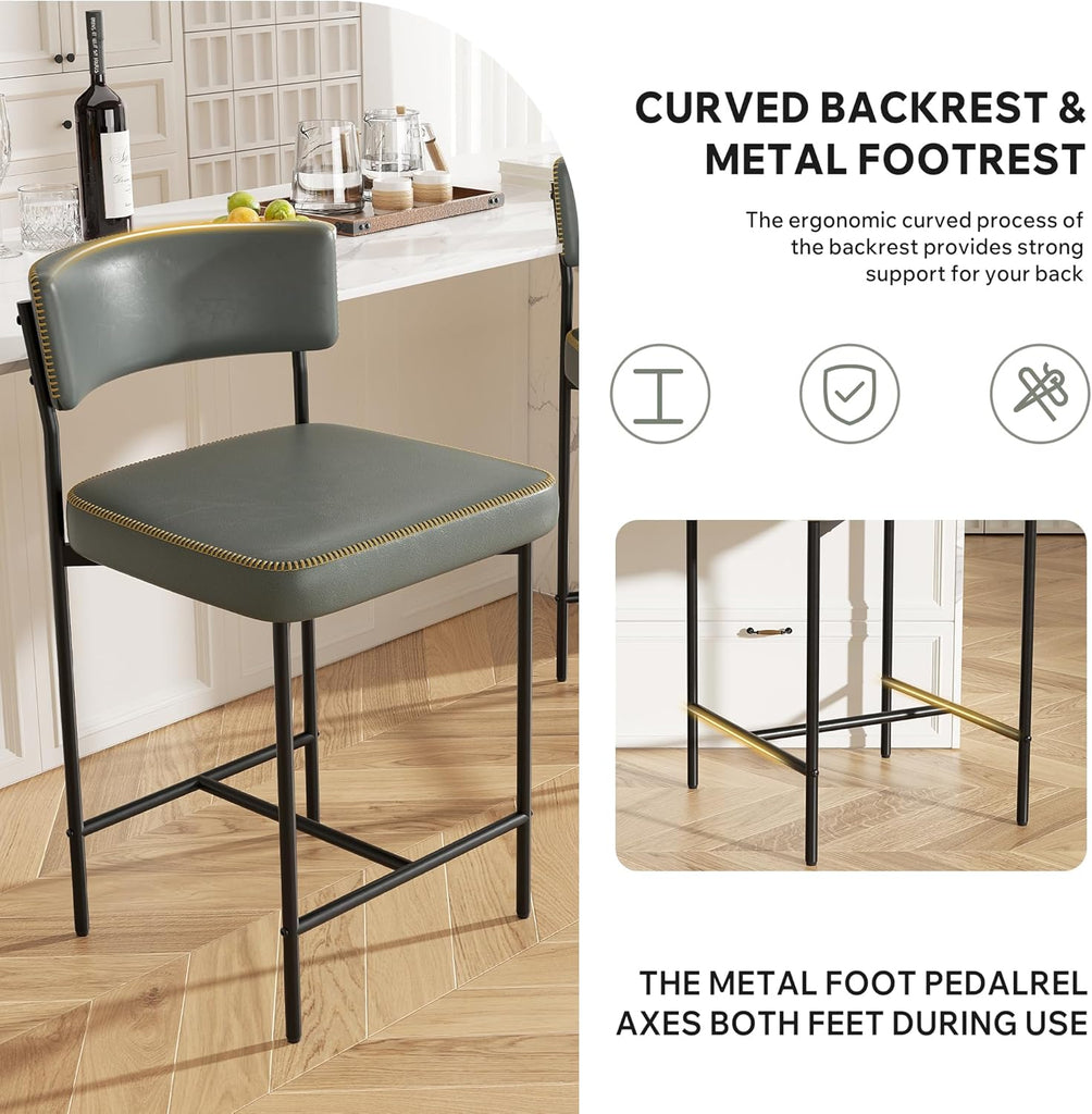 Bar Stools Set of 3, Faux Leather Counter Height Barstools with Curved Back, 25 Inch Upholstered Bar Chairs