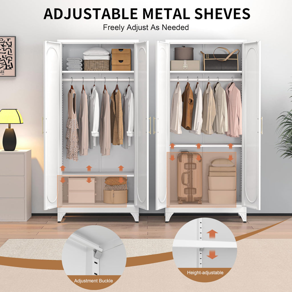 71" White Metal Armoire Wardrobe Closet with Arched Doors