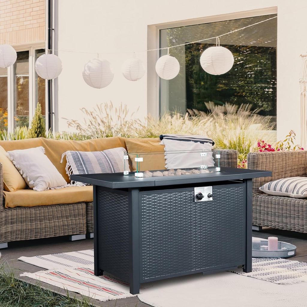 Fire Pit Table, 43" 50,000 BTU Rectangle Metal Propane Fire Table with Lid, Lava Rocks