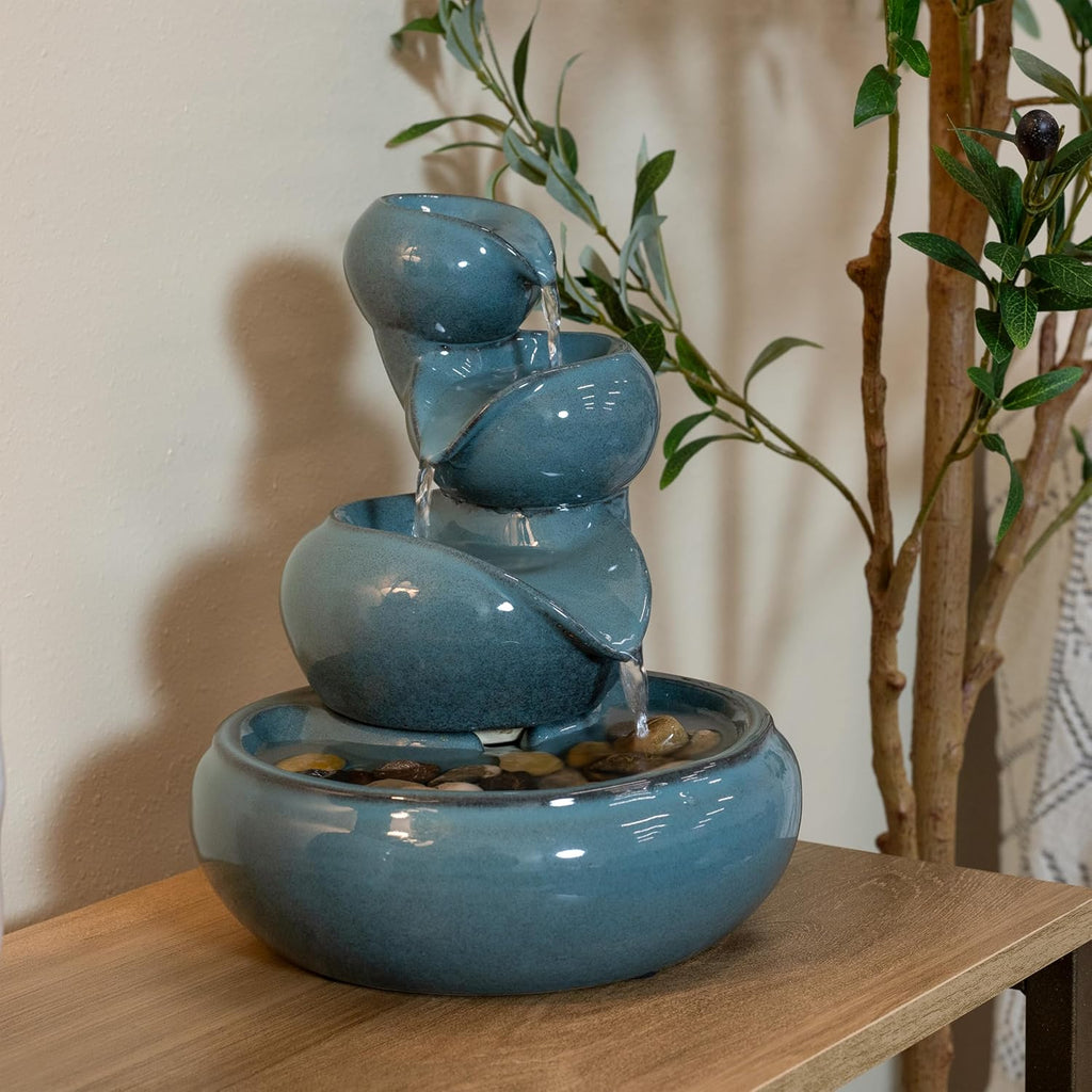 Tiered Vessels Ceramic Tabletop Water Fountain - Relaxing Indoor Fountain - Teal