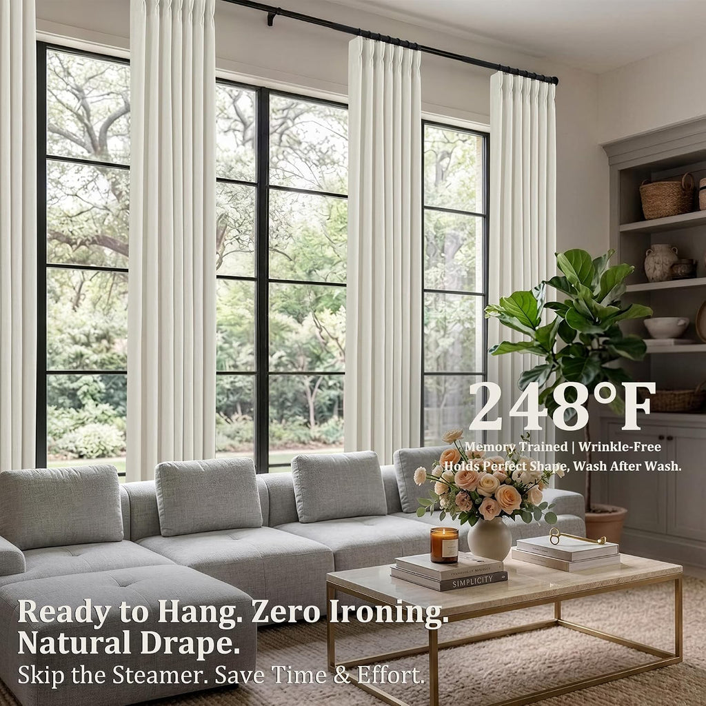 Pinch Pleated Linen Curtains, 2 Panels Premium 400GSM Memory Trained Semi Sheer Light Filtering Window Drapes