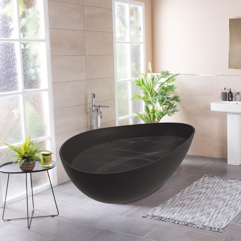 63" Free Standing Tub, Matte Black Stone Resin Freestanding Bathtub Solid Surface Soaking Tub with Drain, Drain Hose