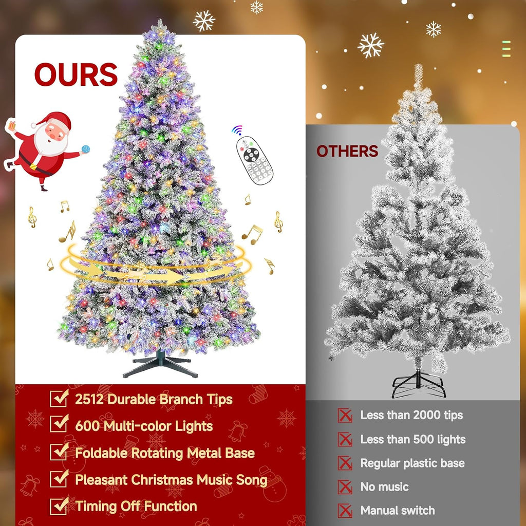 9FT Pre-lit Artificial Christmas Tree with Remote, Warm White+Multicolor 8 Modes Snow Flocked Xmas Light with 2512