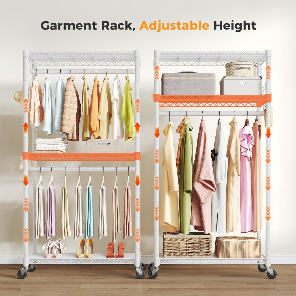 Heavy Duty Clothing Rack with Wheels, 3-Tier Adjustable Wire Garment Rack, Metal Freestanding Closet Organizer System