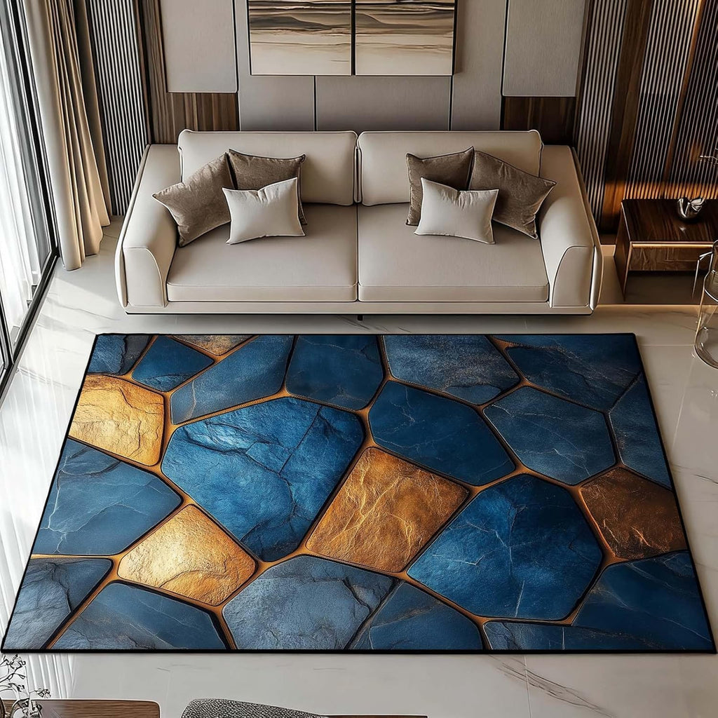 4x6 Marble Tiles Rug, Stone Tile Area Rug, Blue and Gold Geometry Marble Rugs, Washable Luxury Modern Contemporary Carpet