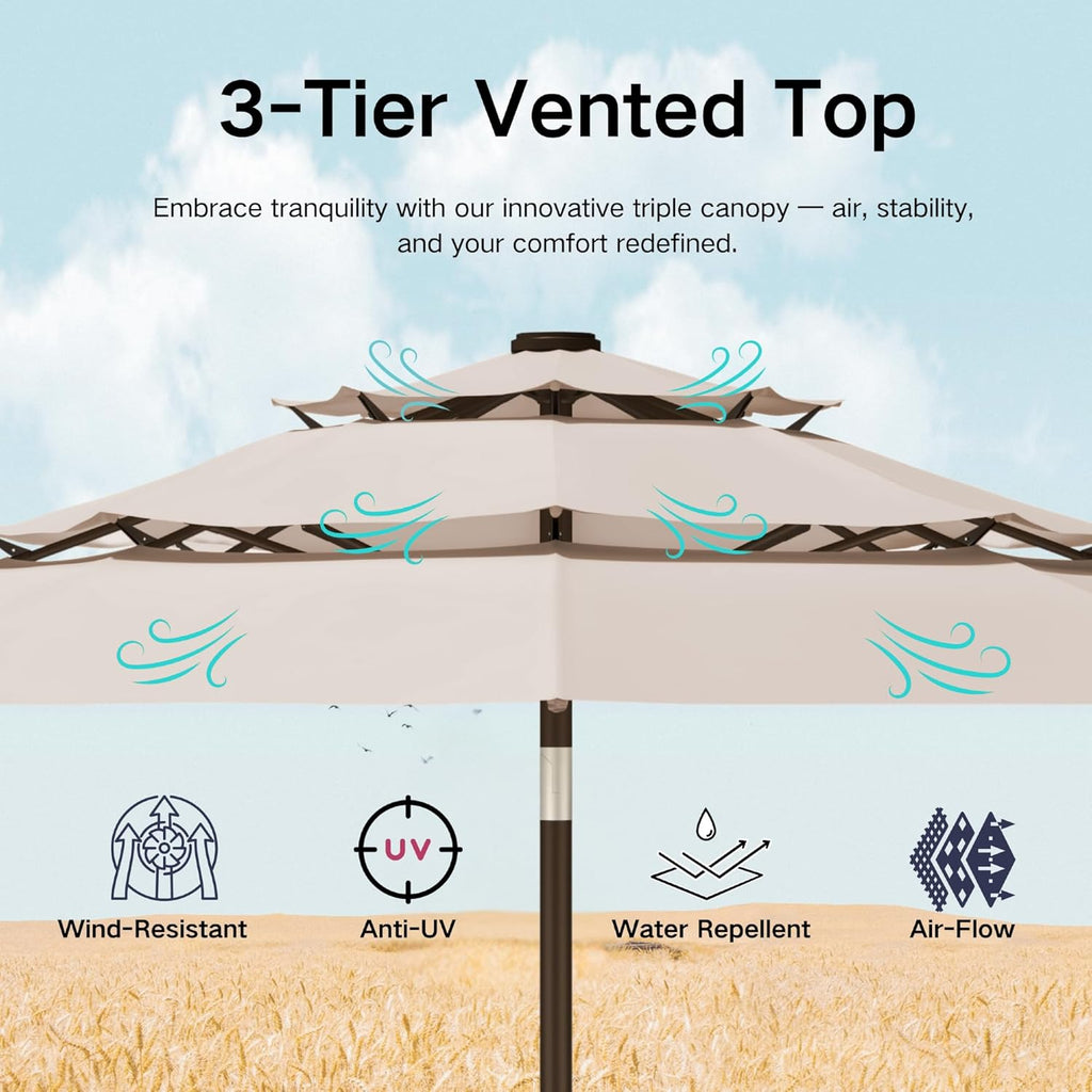 9ft 3-Tier Patio Umbrella with Solar Lights, Table Umbrella Outdoor Patio with Easy Crank & Tilt, 8 Sturdy Ribs
