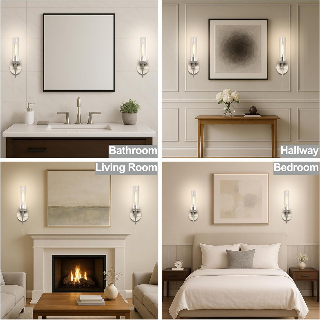 Brushed Nickel Bathroom Vanity Light, Hardwired Wall Sconces Set of 2 with Knurled Texture, Chrome Silver Wall Lamps