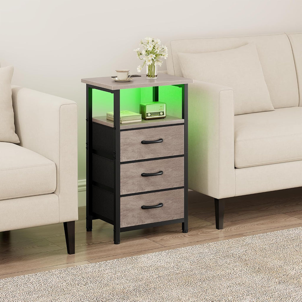 Night Stand Set 2 with Charging Station, LED Nightstand , Bedside Table with 3 Fabric Drawers, End Table Side Table