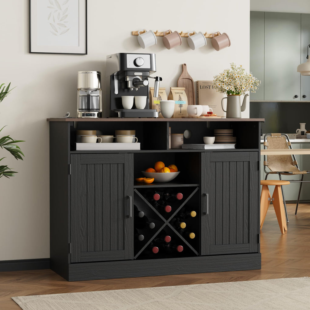 Farmhouse Coffee Bar Cabinet with Prower Outlets, Rustic Liquor Cabinet with Wine Rack, Wooden Wine Cabinet, Black