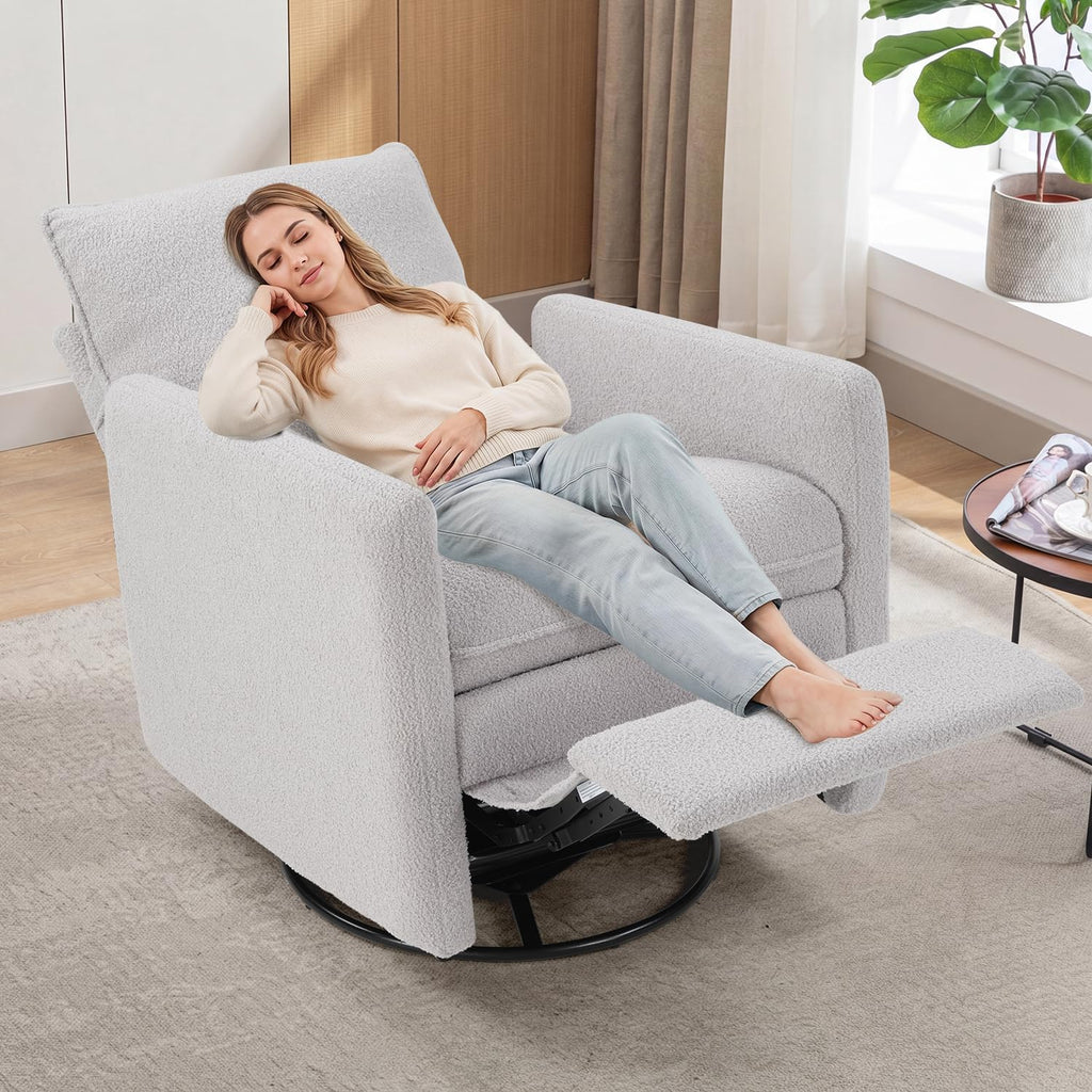 Swivel Rocker Recliner Chair, Teddy Upholstered Nursery Glider Chair, Manual Reclining Chair with Two Removable