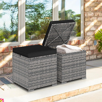 16" Outdoor Ottoman with Storage, Set of 2 Wicker Ottoman, Rattan Cube Footstool w/Removable Cushion Covers, Square