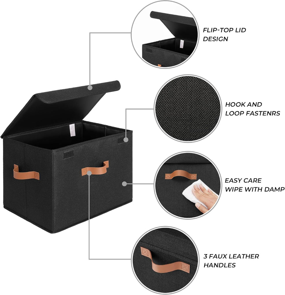 Black Storage Bins with Lids, Decorative Storage Boxes with PU Handles, Linen Closet Organizer, Storage Baskets for