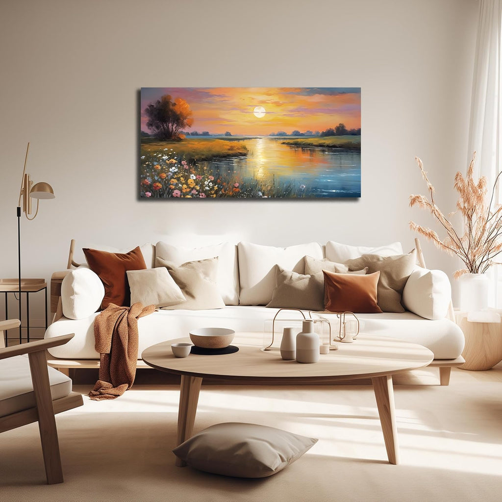 Orange Yellow Sunset Lake Landscape Canvas Wall Art with Vibrant Colorful Wildflowers & Distant Mountain, Serene