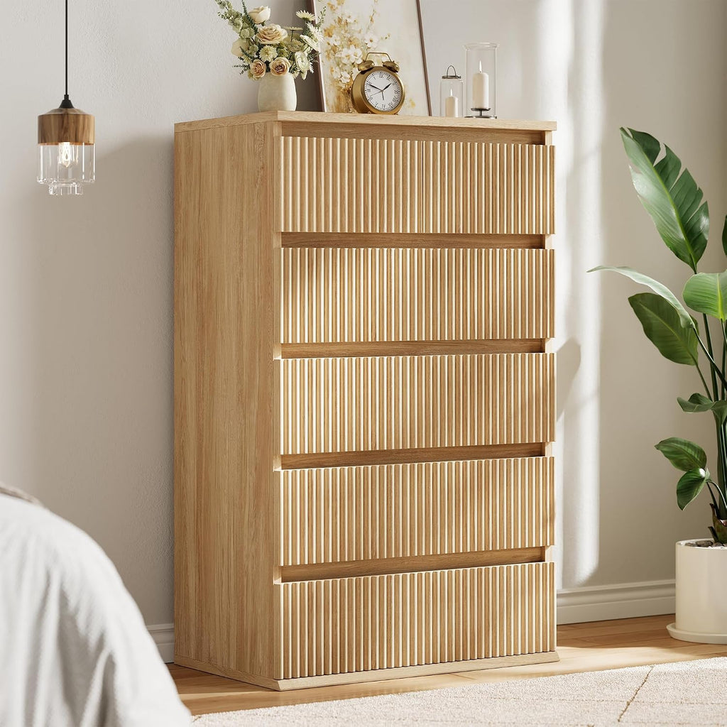 Fluted 6 Drawer Dresser , Modern Wood Chest of Drawers, Tall Storage Dresser with Deep Drawers, Handleless
