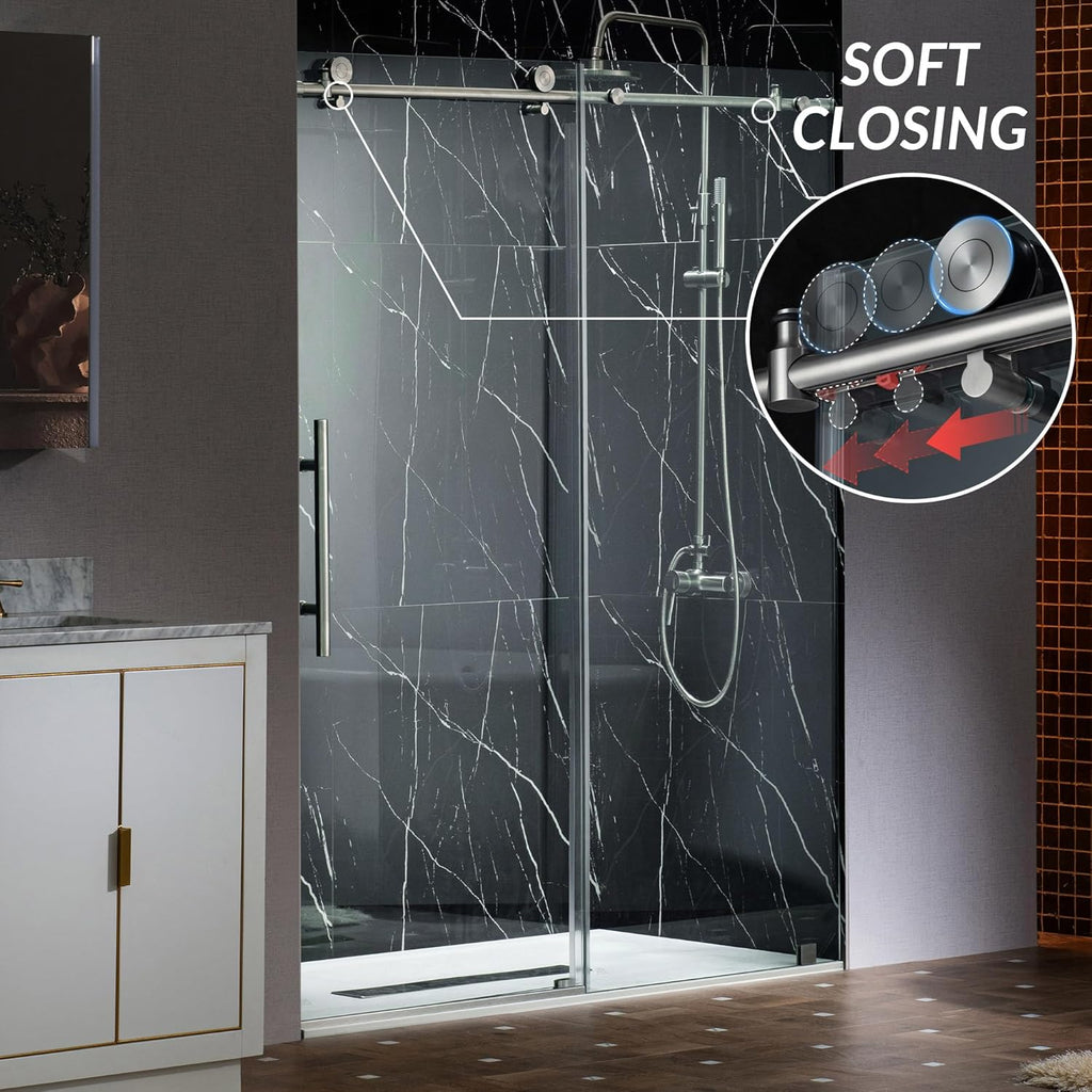 Frameless Single Sliding Shower Doors in Brushed Nickel Finish