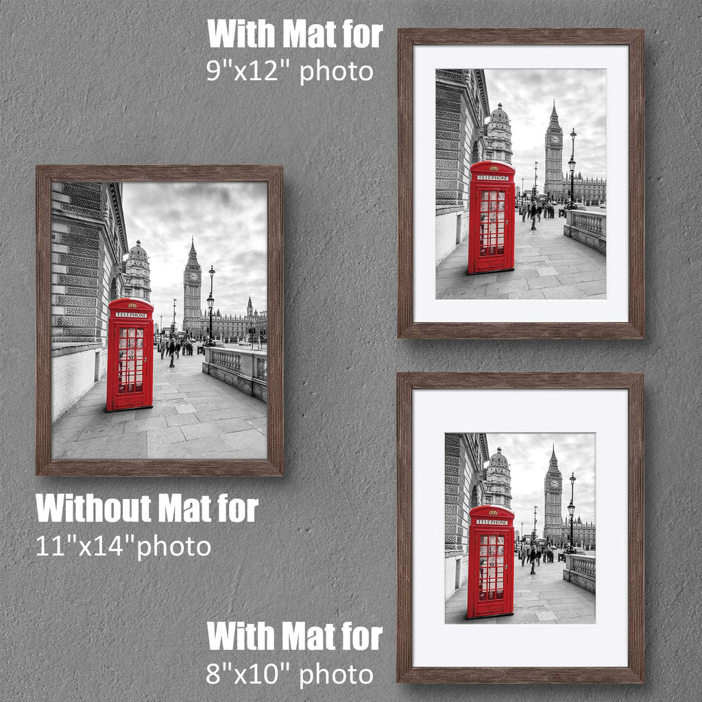 11x14 Rustic Picture Frames Solid Wood - Display Pictures 9x12 or 8x10 with Mat or 11x14 Frame without Mat