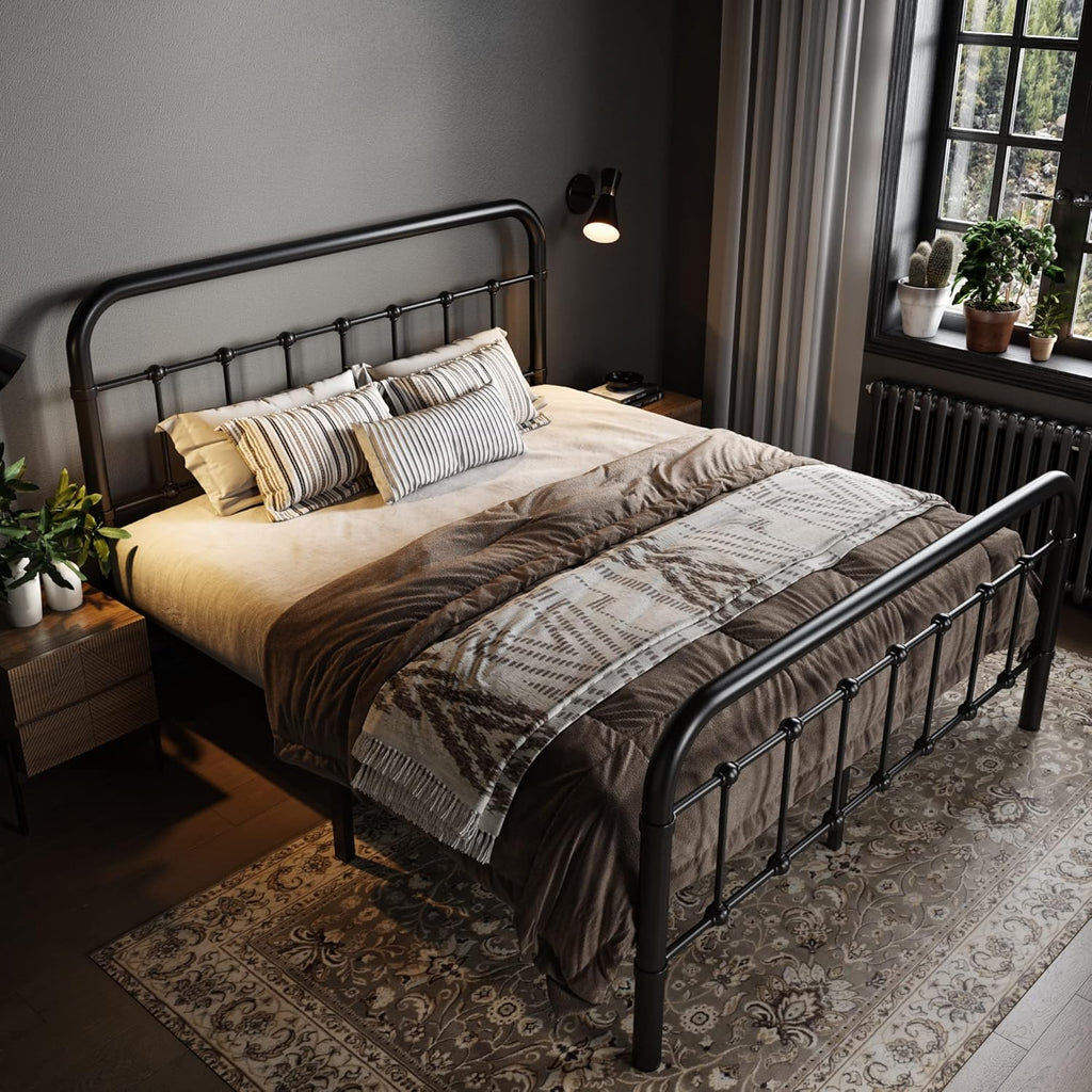Full Metal Platform Bed Frame with Victorian Style Wrought Iron-Art Headboard/Footboard, No Box Spring Required, Black