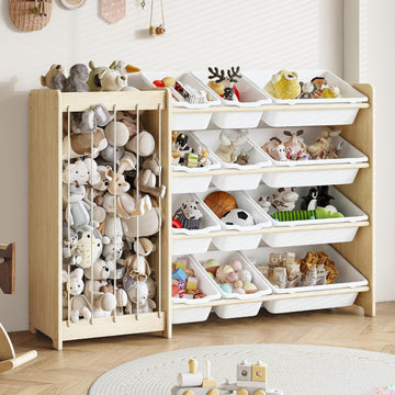 Kids Toy Storage Organizer, 2-in-1 Stuffed Animal Storage & Toy Organizer w/12 Bins, Solid Wood Toy Rack Featuring