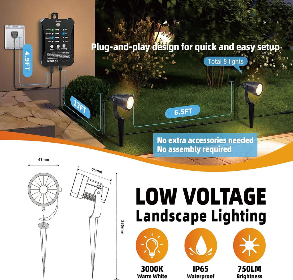 All-in-One Low Voltage Landscape Lighting Kit, 8 Pack 5W Die-cast Aluminum Landscape Lights with Transformer and