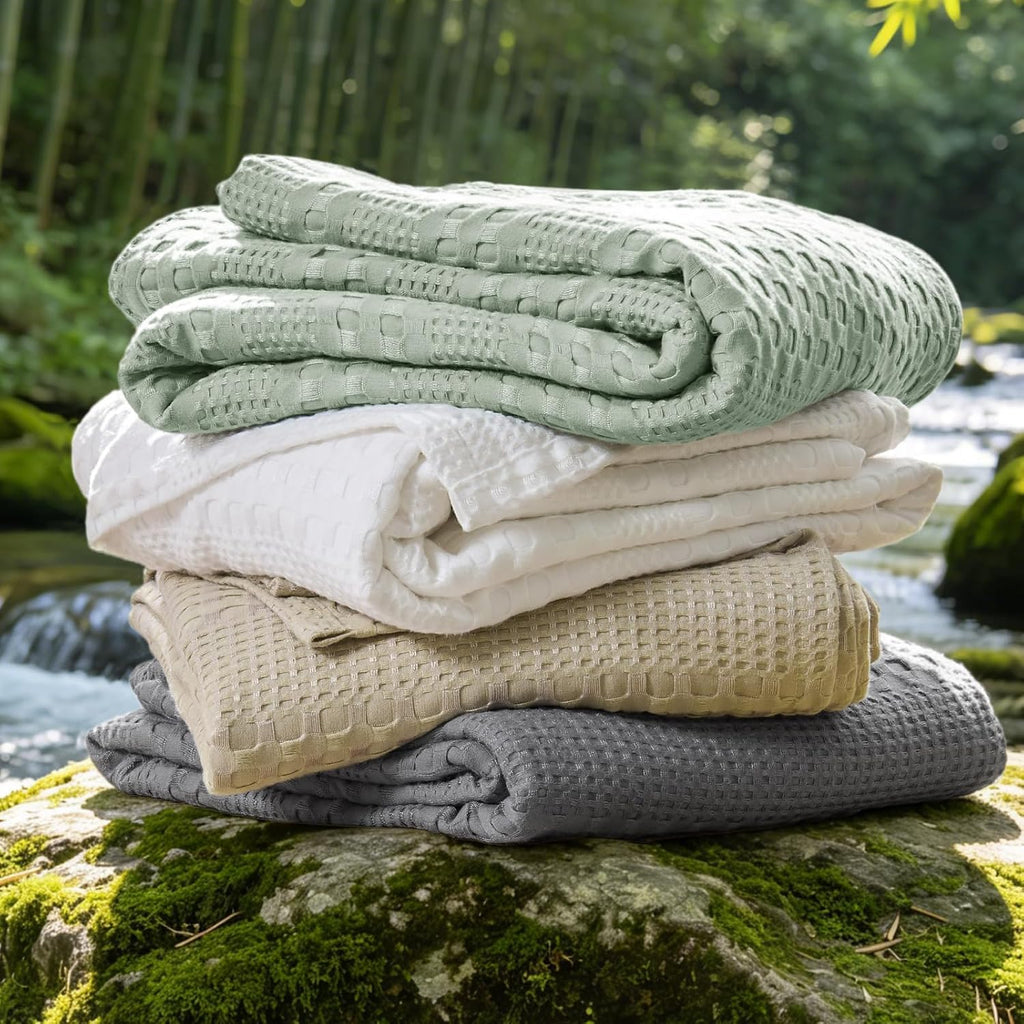 White Cooling Waffle Summer Blanket Queen Size for Bed, 90x90 Inch | 45% Cotton and 55% Rayon Derived from Bamboo