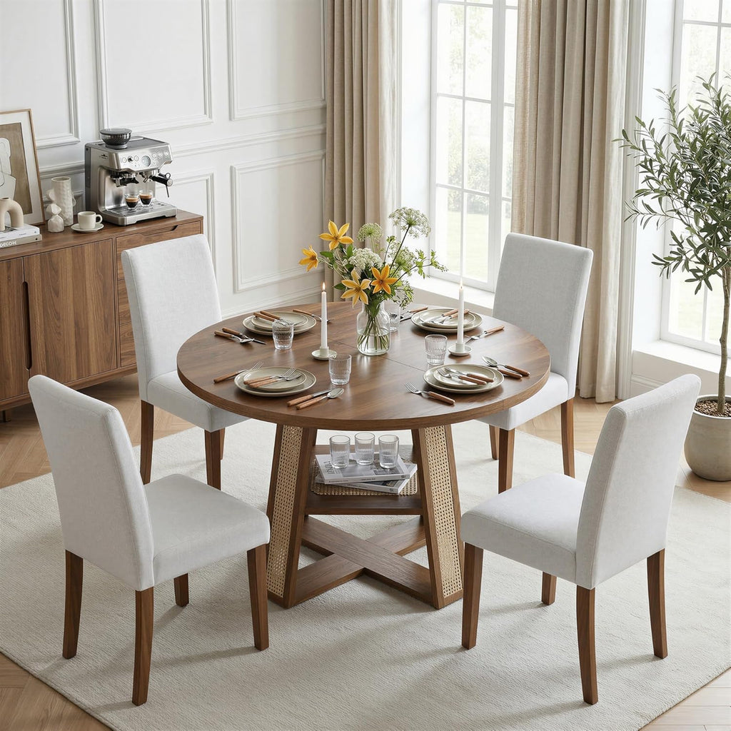 43"-59" Extendable Round Dining Table for 4-8, Transformer Oval Dining Room Table with Removable Leaves Space Saving