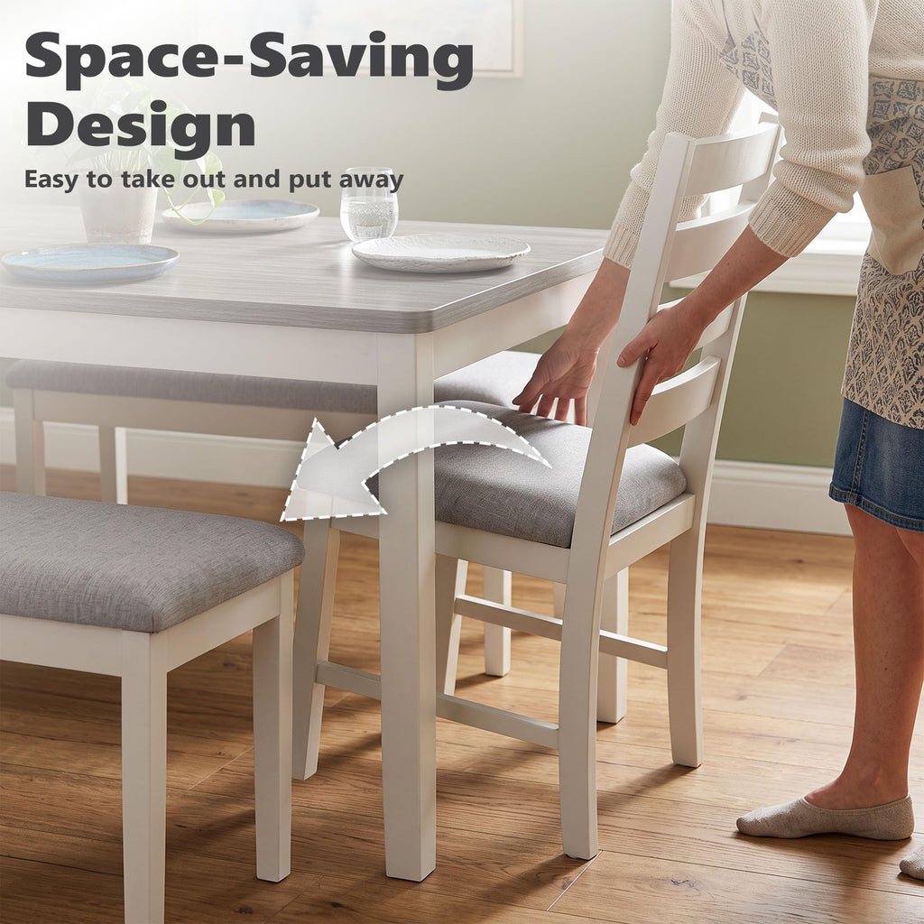 6-Piece Dining Table and Chair Set with 4 Chairs & 1 Bench, Grey
